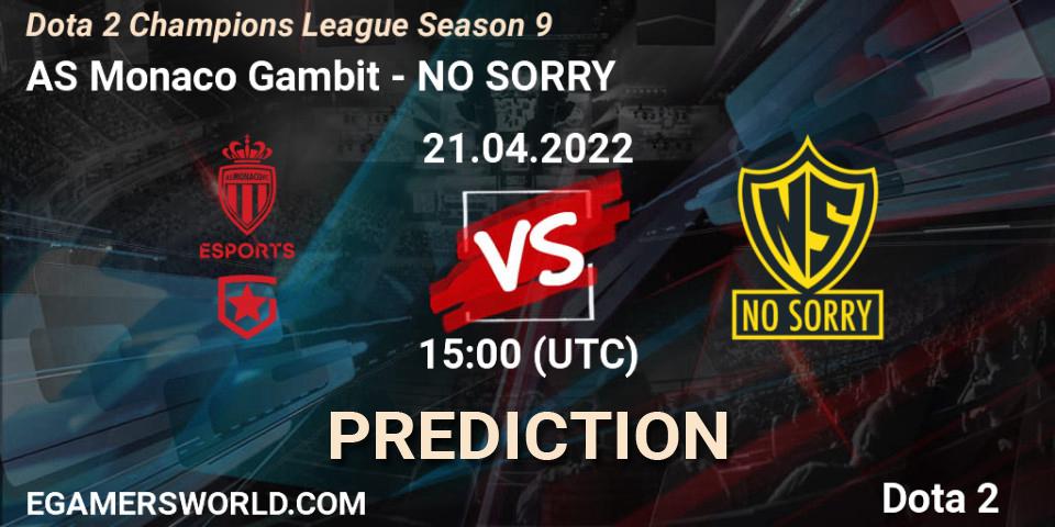 AS Monaco Gambit проти NO SORRY: Поради щодо ставок, прогнози на матчі. 21.04.2022 at 18:00. Dota 2, Dota 2 Champions League Season 9