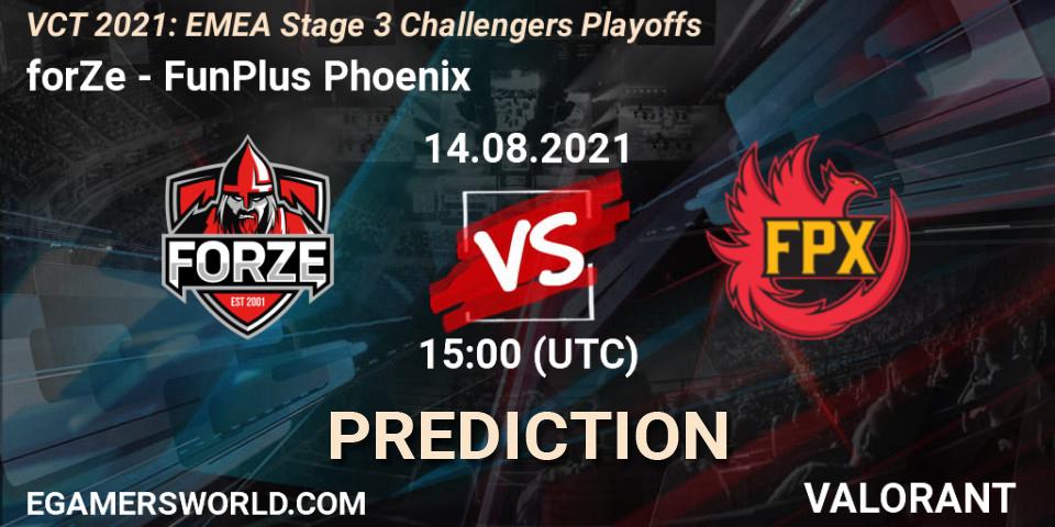 forZe проти FunPlus Phoenix: Поради щодо ставок, прогнози на матчі. 14.08.2021 at 15:00. VALORANT, VCT 2021: EMEA Stage 3 Challengers Playoffs
