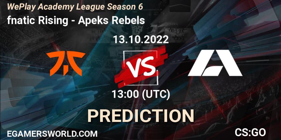 fnatic Rising проти Apeks Rebels: Поради щодо ставок, прогнози на матчі. 13.10.2022 at 13:00. Counter-Strike (CS2), WePlay Academy League Season 6