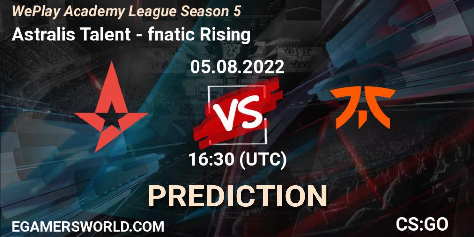 Astralis Talent проти fnatic Rising: Поради щодо ставок, прогнози на матчі. 05.08.2022 at 16:30. Counter-Strike (CS2), WePlay Academy League Season 5