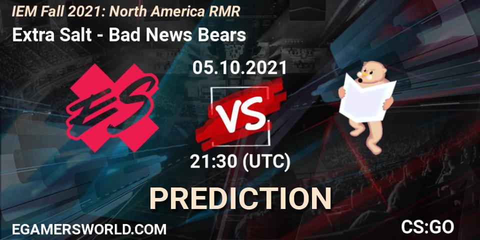 Extra Salt проти Bad News Bears: Поради щодо ставок, прогнози на матчі. 05.10.2021 at 21:30. Counter-Strike (CS2), IEM Fall 2021: North America RMR