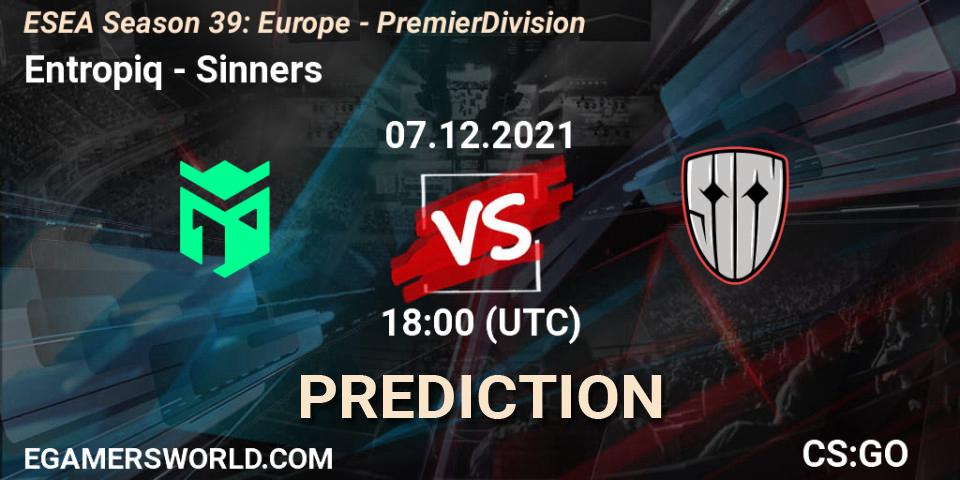 Entropiq проти Sinners: Поради щодо ставок, прогнози на матчі. 07.12.2021 at 18:00. Counter-Strike (CS2), ESEA Season 39: Europe - Premier Division