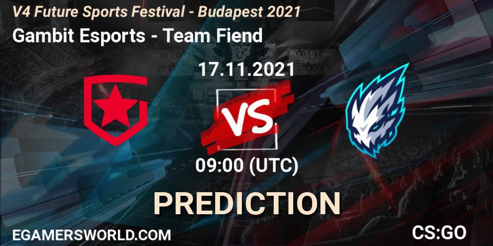 Gambit Esports проти Team Fiend: Поради щодо ставок, прогнози на матчі. 17.11.2021 at 09:00. Counter-Strike (CS2), V4 Future Sports Festival - Budapest 2021