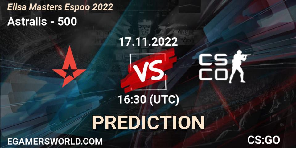 Astralis проти 500: Поради щодо ставок, прогнози на матчі. 17.11.2022 at 17:00. Counter-Strike (CS2), Elisa Masters Espoo 2022