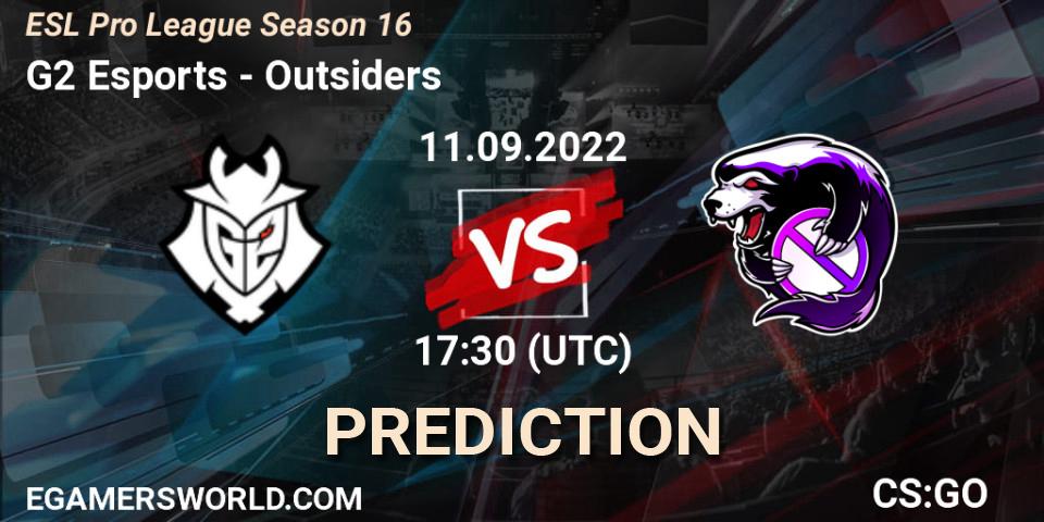 G2 Esports проти Outsiders: Поради щодо ставок, прогнози на матчі. 11.09.2022 at 17:30. Counter-Strike (CS2), ESL Pro League Season 16