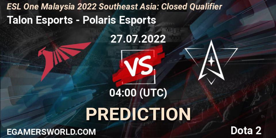 Talon Esports проти Polaris Esports: Поради щодо ставок, прогнози на матчі. 27.07.2022 at 04:01. Dota 2, ESL One Malaysia 2022 Southeast Asia: Closed Qualifier
