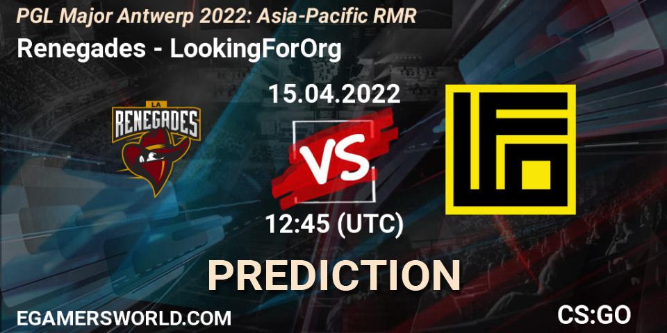 Renegades проти LookingForOrg: Поради щодо ставок, прогнози на матчі. 15.04.2022 at 11:50. Counter-Strike (CS2), PGL Major Antwerp 2022: Asia-Pacific RMR