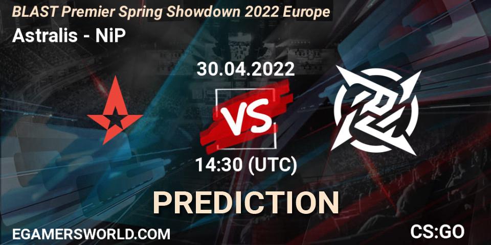 Astralis проти NiP: Поради щодо ставок, прогнози на матчі. 30.04.2022 at 14:30. Counter-Strike (CS2), BLAST Premier Spring Showdown 2022 Europe