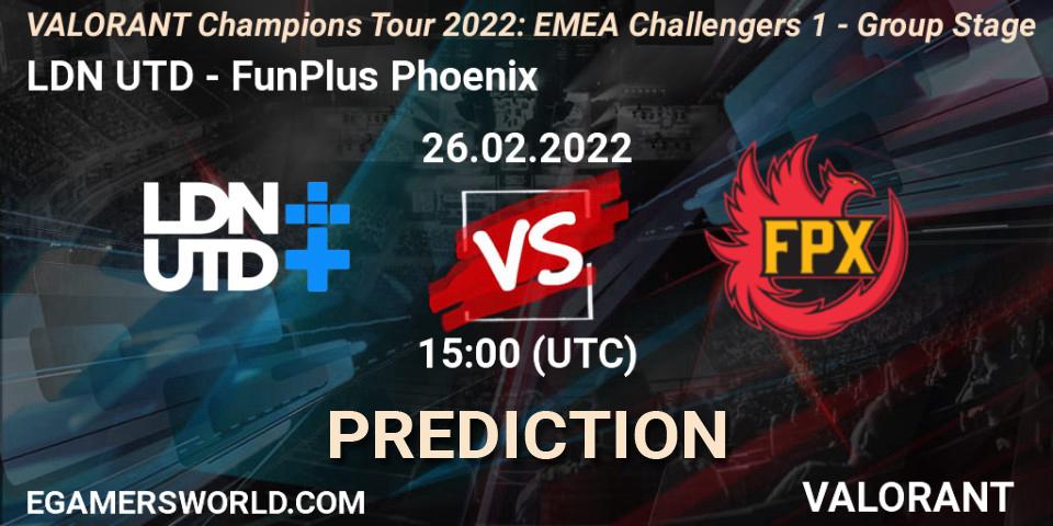 LDN UTD проти FunPlus Phoenix: Поради щодо ставок, прогнози на матчі. 13.03.2022 at 15:00. VALORANT, VCT 2022: EMEA Challengers 1 - Group Stage