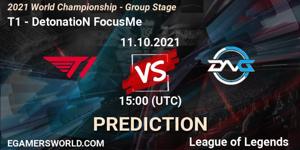 T1 проти DetonatioN FocusMe: Поради щодо ставок, прогнози на матчі. 11.10.2021 at 15:00. LoL, 2021 World Championship - Group Stage