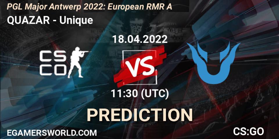 QUAZAR проти Unique: Поради щодо ставок, прогнози на матчі. 18.04.2022 at 12:25. Counter-Strike (CS2), PGL Major Antwerp 2022: European RMR A