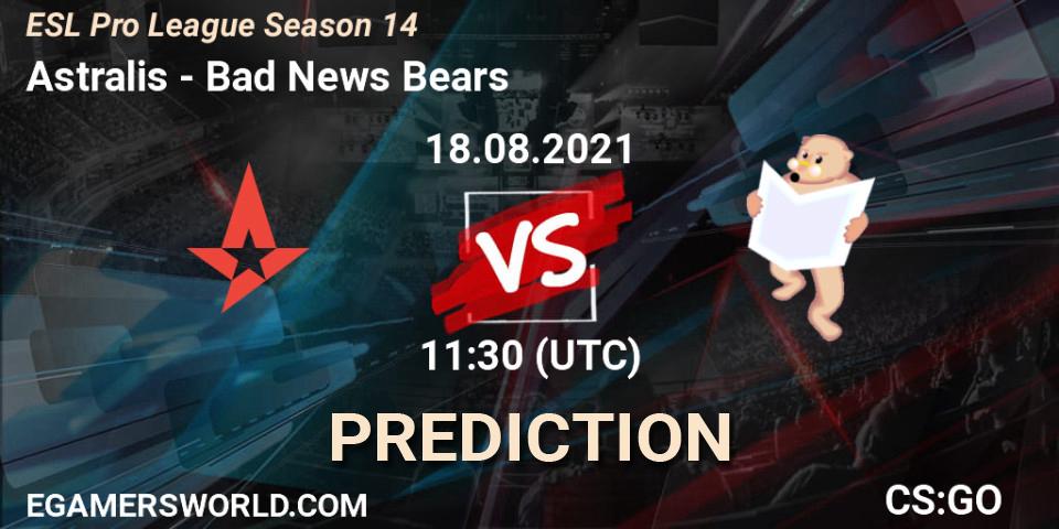 Astralis проти Bad News Bears: Поради щодо ставок, прогнози на матчі. 18.08.2021 at 11:30. Counter-Strike (CS2), ESL Pro League Season 14