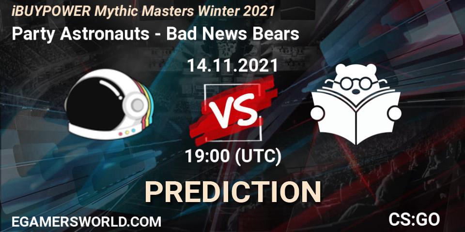 Party Astronauts проти Bad News Bears: Поради щодо ставок, прогнози на матчі. 14.11.2021 at 19:00. Counter-Strike (CS2), iBUYPOWER Mythic Masters Winter 2021