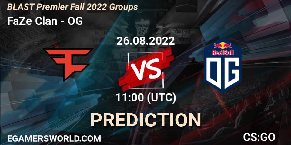 FaZe Clan проти OG: Поради щодо ставок, прогнози на матчі. 26.08.2022 at 11:00. Counter-Strike (CS2), BLAST Premier Fall 2022 Groups