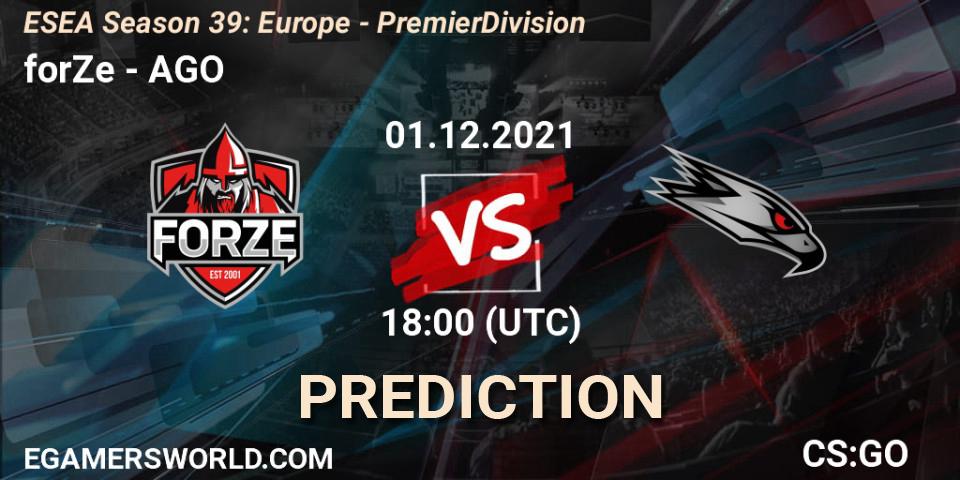forZe проти AGO: Поради щодо ставок, прогнози на матчі. 01.12.2021 at 18:00. Counter-Strike (CS2), ESEA Season 39: Europe - Premier Division