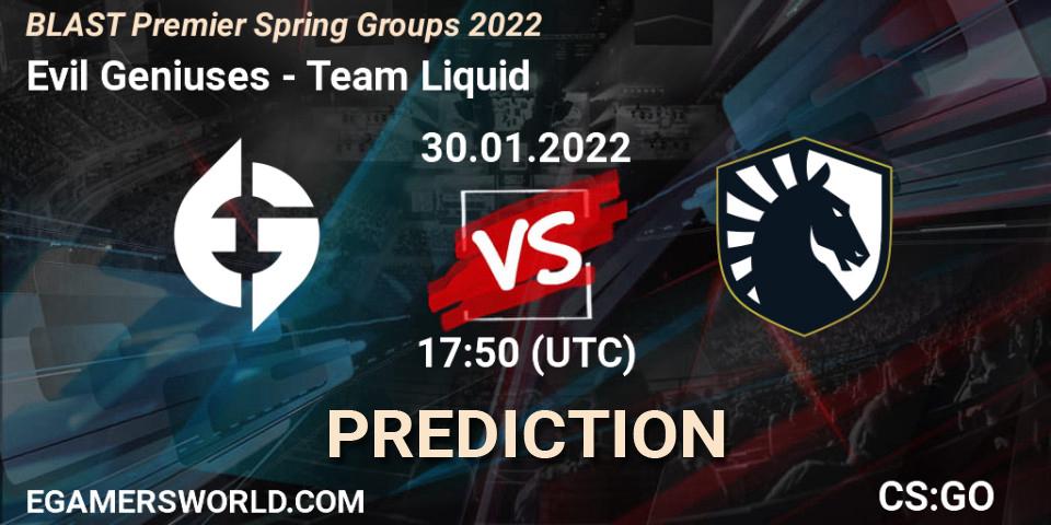 Evil Geniuses проти Team Liquid: Поради щодо ставок, прогнози на матчі. 30.01.2022 at 18:20. Counter-Strike (CS2), BLAST Premier Spring Groups 2022