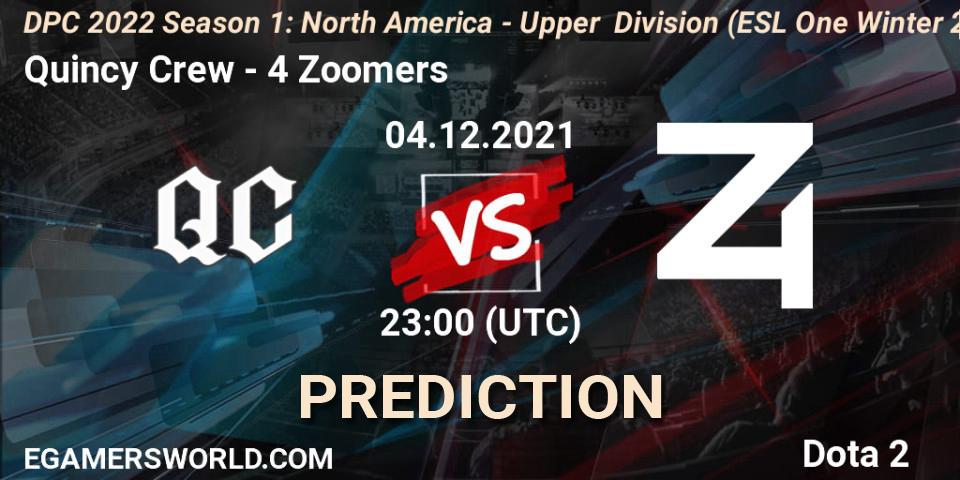 Quincy Crew проти 4 Zoomers: Поради щодо ставок, прогнози на матчі. 04.12.2021 at 22:55. Dota 2, DPC 2022 Season 1: North America - Upper Division (ESL One Winter 2021)