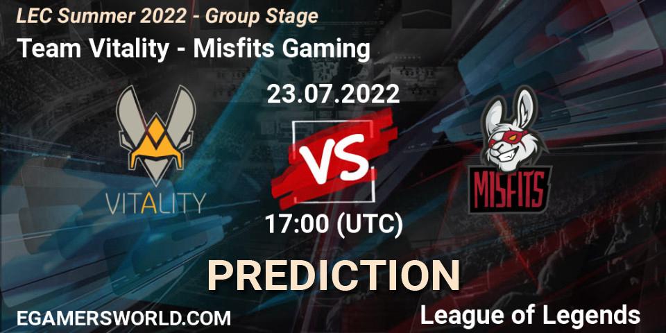 Team Vitality проти Misfits Gaming: Поради щодо ставок, прогнози на матчі. 23.07.2022 at 17:00. LoL, LEC Summer 2022 - Group Stage