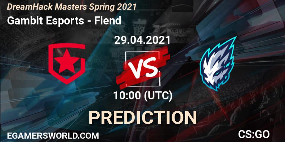 Gambit Esports проти Fiend: Поради щодо ставок, прогнози на матчі. 29.04.2021 at 10:00. Counter-Strike (CS2), DreamHack Masters Spring 2021