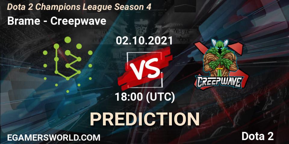 Brame проти Creepwave: Поради щодо ставок, прогнози на матчі. 02.10.2021 at 18:25. Dota 2, Dota 2 Champions League Season 4