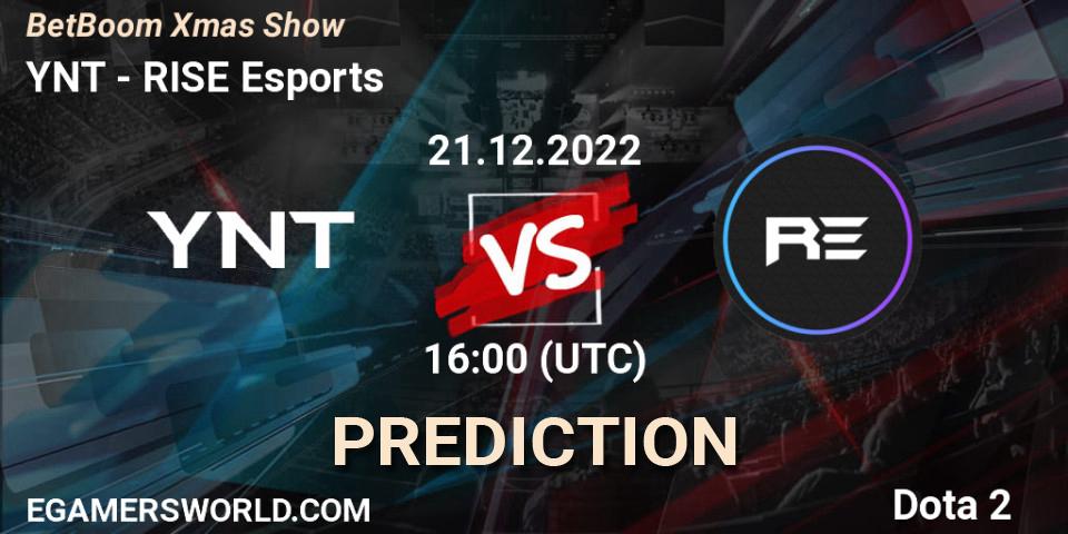YNT проти RISE Esports: Поради щодо ставок, прогнози на матчі. 21.12.2022 at 16:37. Dota 2, BetBoom Xmas Show