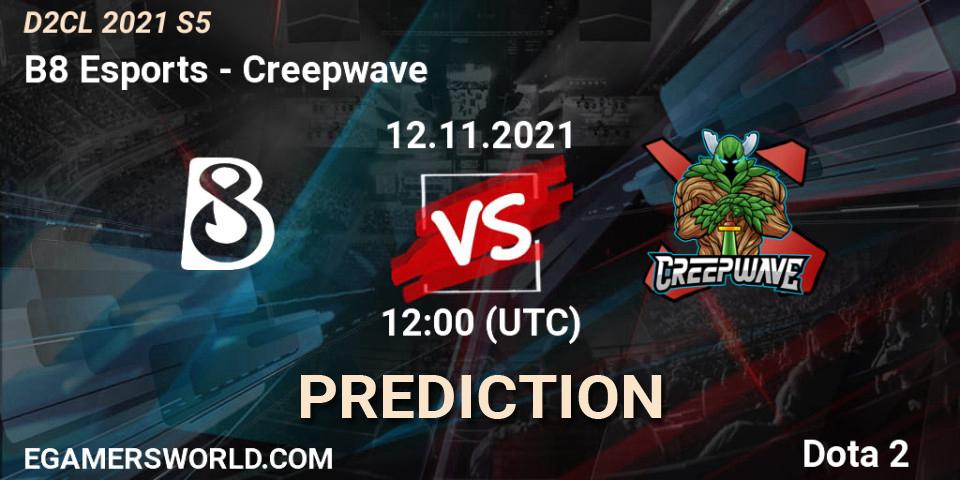 B8 Esports проти Creepwave: Поради щодо ставок, прогнози на матчі. 12.11.2021 at 18:00. Dota 2, Dota 2 Champions League 2021 Season 5