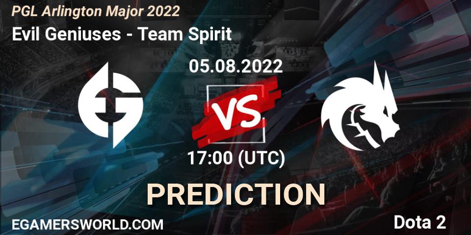 Evil Geniuses проти Team Spirit: Поради щодо ставок, прогнози на матчі. 05.08.2022 at 17:15. Dota 2, PGL Arlington Major 2022 - Group Stage