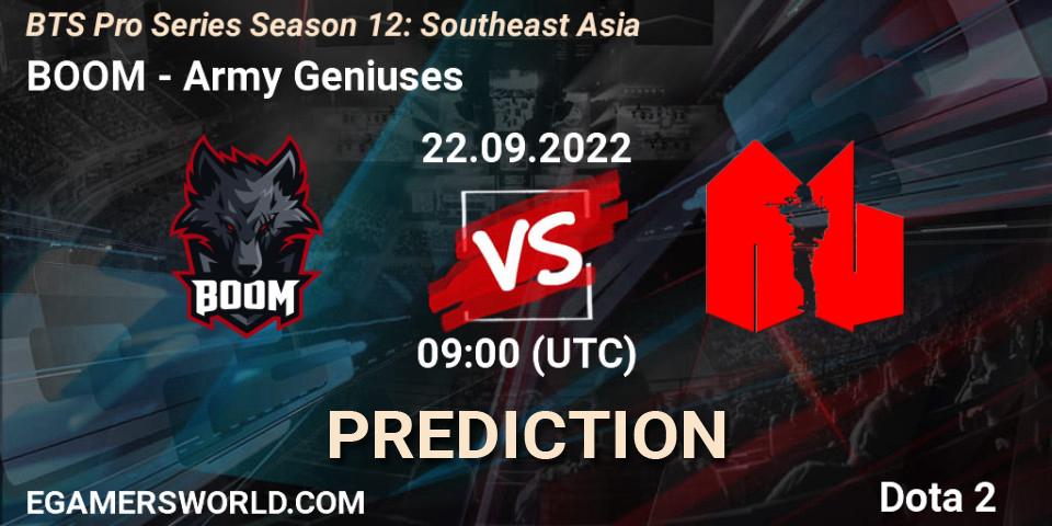 BOOM проти Army Geniuses: Поради щодо ставок, прогнози на матчі. 22.09.2022 at 09:00. Dota 2, BTS Pro Series Season 12: Southeast Asia