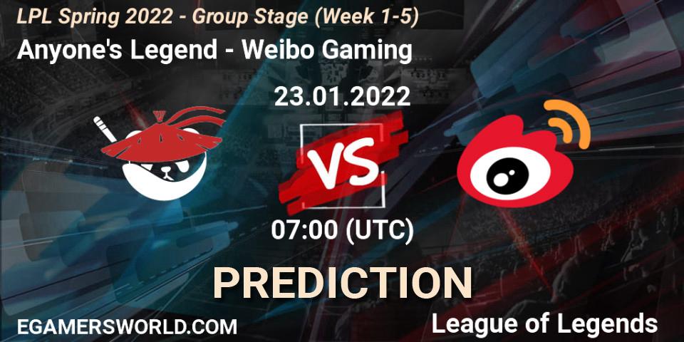 Anyone's Legend проти Weibo Gaming: Поради щодо ставок, прогнози на матчі. 23.01.2022 at 07:00. LoL, LPL Spring 2022 - Group Stage (Week 1-5)