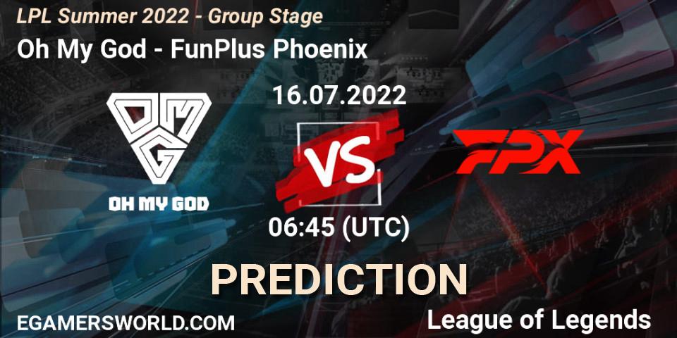 Oh My God проти FunPlus Phoenix: Поради щодо ставок, прогнози на матчі. 17.07.2022 at 07:00. LoL, LPL Summer 2022 - Group Stage