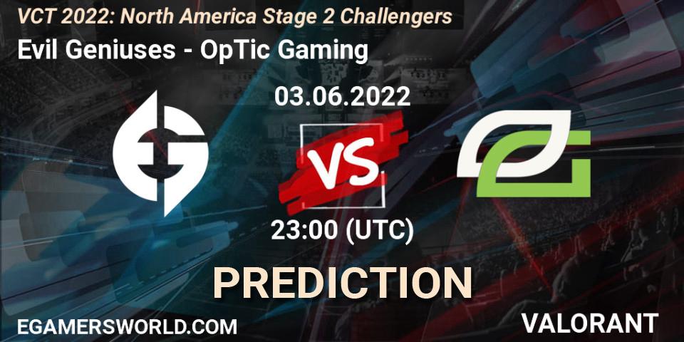 Evil Geniuses проти OpTic Gaming: Поради щодо ставок, прогнози на матчі. 04.06.2022 at 00:00. VALORANT, VCT 2022: North America Stage 2 Challengers