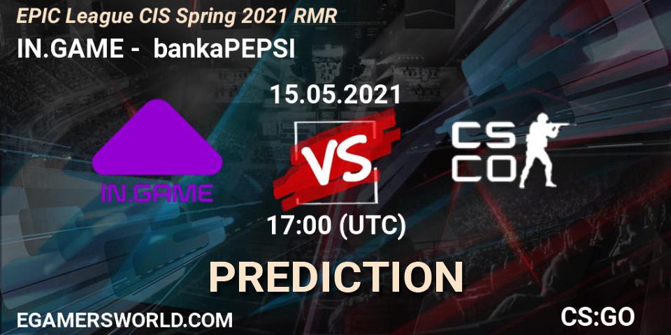 IN.GAME проти bankaPEPSI: Поради щодо ставок, прогнози на матчі. 15.05.2021 at 17:00. Counter-Strike (CS2), EPIC League CIS Spring 2021 RMR