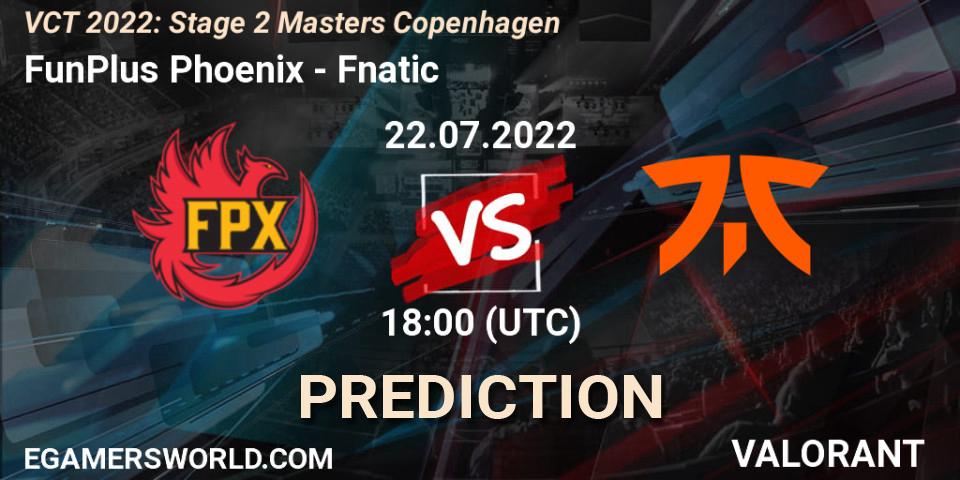 FunPlus Phoenix проти Fnatic: Поради щодо ставок, прогнози на матчі. 22.07.2022 at 18:20. VALORANT, VCT 2022: Stage 2 Masters Copenhagen