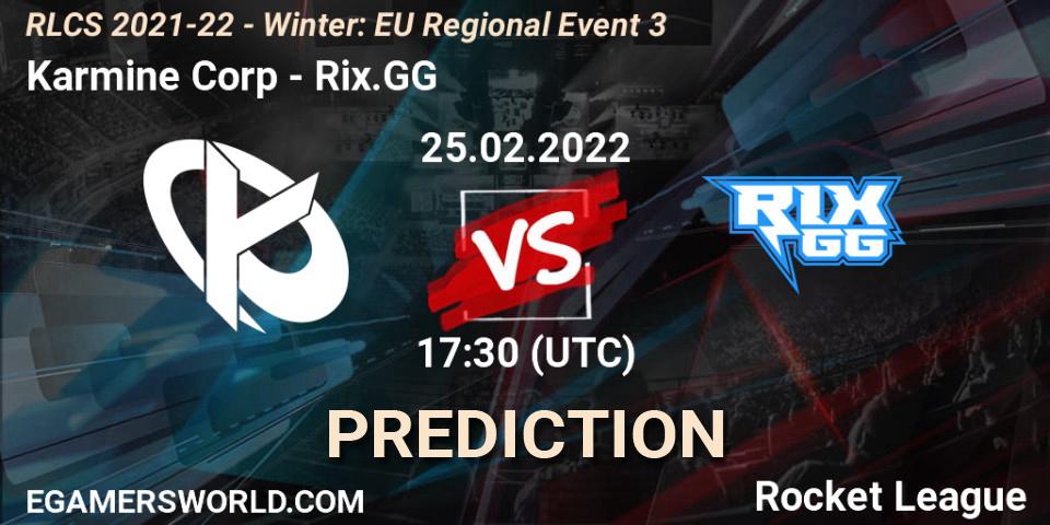 Karmine Corp проти Rix.GG: Поради щодо ставок, прогнози на матчі. 25.02.2022 at 17:30. Rocket League, RLCS 2021-22 - Winter: EU Regional Event 3