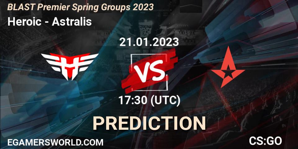 Heroic проти Astralis: Поради щодо ставок, прогнози на матчі. 21.01.2023 at 18:10. Counter-Strike (CS2), BLAST Premier Spring Groups 2023