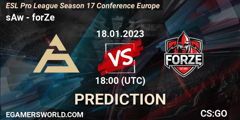 sAw проти forZe: Поради щодо ставок, прогнози на матчі. 18.01.2023 at 15:30. Counter-Strike (CS2), ESL Pro League Season 17 Conference Europe