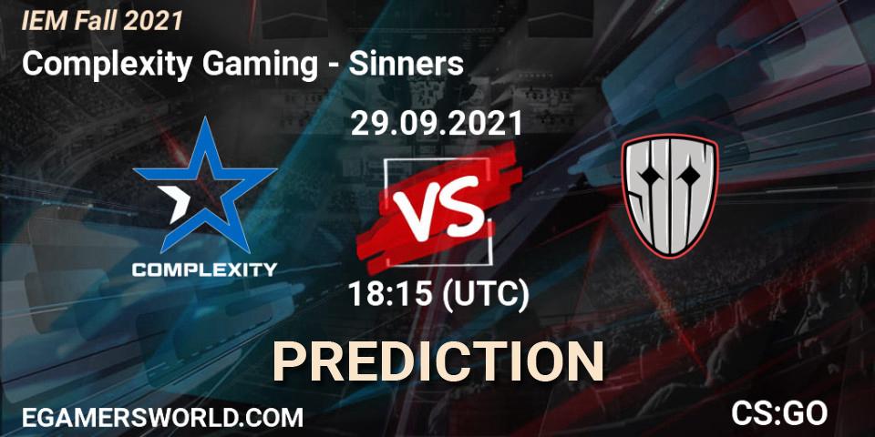 Complexity Gaming проти Sinners: Поради щодо ставок, прогнози на матчі. 29.09.2021 at 19:00. Counter-Strike (CS2), IEM Fall 2021: Europe RMR