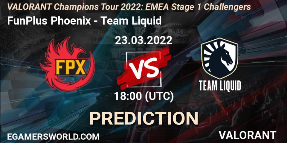 FunPlus Phoenix проти Team Liquid: Поради щодо ставок, прогнози на матчі. 23.03.2022 at 19:45. VALORANT, VCT 2022: EMEA Stage 1 Challengers