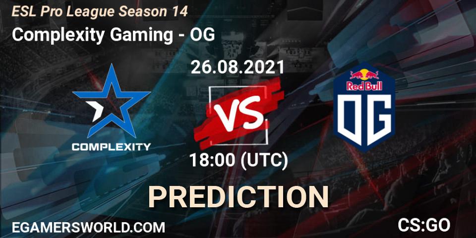 Complexity Gaming проти OG: Поради щодо ставок, прогнози на матчі. 26.08.2021 at 18:00. Counter-Strike (CS2), ESL Pro League Season 14
