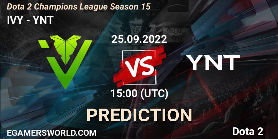 IVY проти YNT: Поради щодо ставок, прогнози на матчі. 25.09.2022 at 15:06. Dota 2, Dota 2 Champions League Season 15