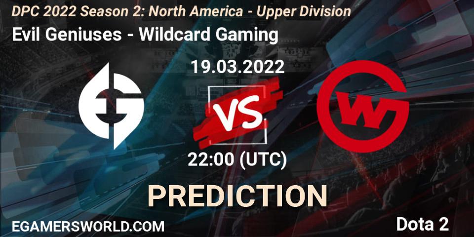 Evil Geniuses проти Wildcard Gaming: Поради щодо ставок, прогнози на матчі. 19.03.2022 at 22:56. Dota 2, DPC 2021/2022 Tour 2 (Season 2): NA Division I (Upper) - ESL One Spring 2022