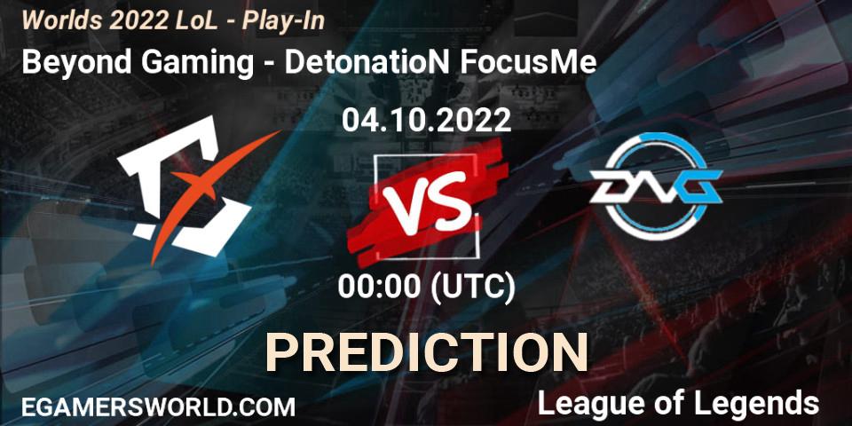 Beyond Gaming проти DetonatioN FocusMe: Поради щодо ставок, прогнози на матчі. 01.10.2022 at 22:00. LoL, Worlds 2022 LoL - Play-In