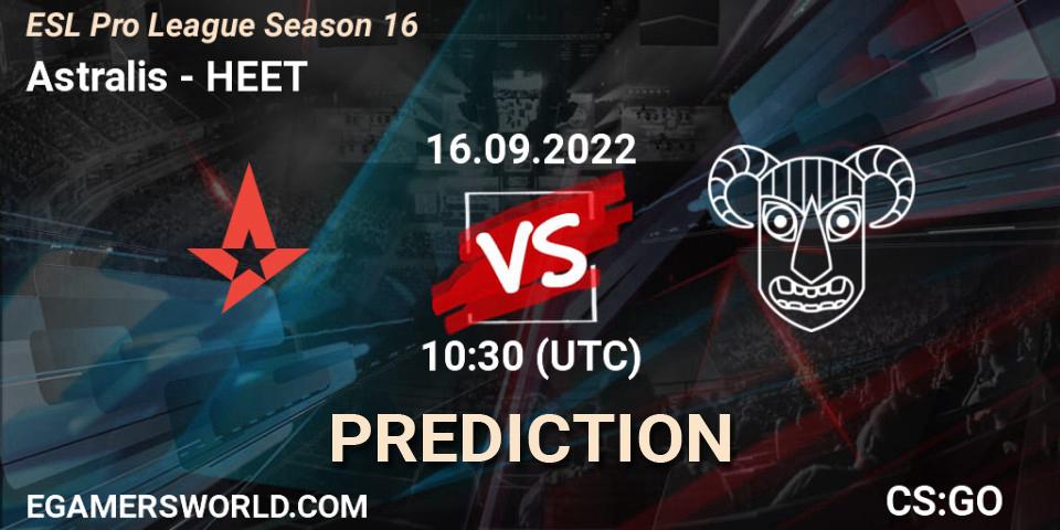 Astralis проти HEET: Поради щодо ставок, прогнози на матчі. 16.09.2022 at 10:30. Counter-Strike (CS2), ESL Pro League Season 16