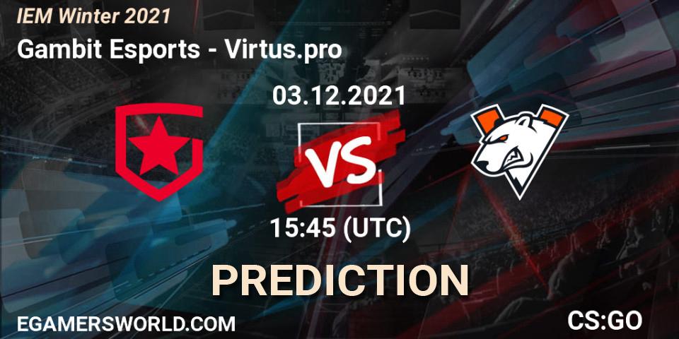 Gambit Esports проти Virtus.pro: Поради щодо ставок, прогнози на матчі. 03.12.2021 at 15:45. Counter-Strike (CS2), IEM Winter 2021