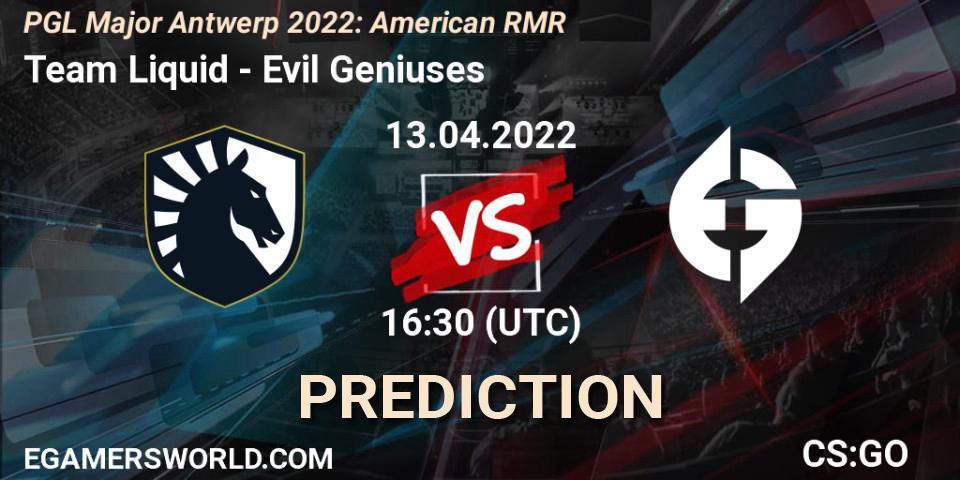 Team Liquid проти Evil Geniuses: Поради щодо ставок, прогнози на матчі. 13.04.2022 at 14:50. Counter-Strike (CS2), PGL Major Antwerp 2022: American RMR