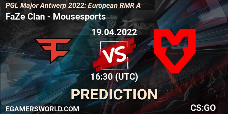 FaZe Clan проти Mousesports: Поради щодо ставок, прогнози на матчі. 19.04.2022 at 15:05. Counter-Strike (CS2), PGL Major Antwerp 2022: European RMR A