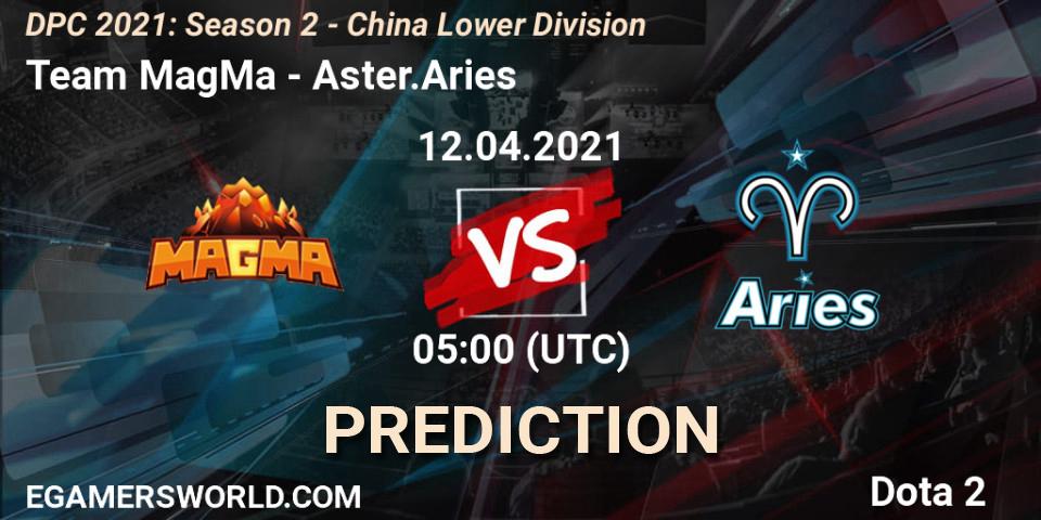 Team MagMa проти Aster.Aries: Поради щодо ставок, прогнози на матчі. 12.04.2021 at 03:55. Dota 2, DPC 2021: Season 2 - China Lower Division