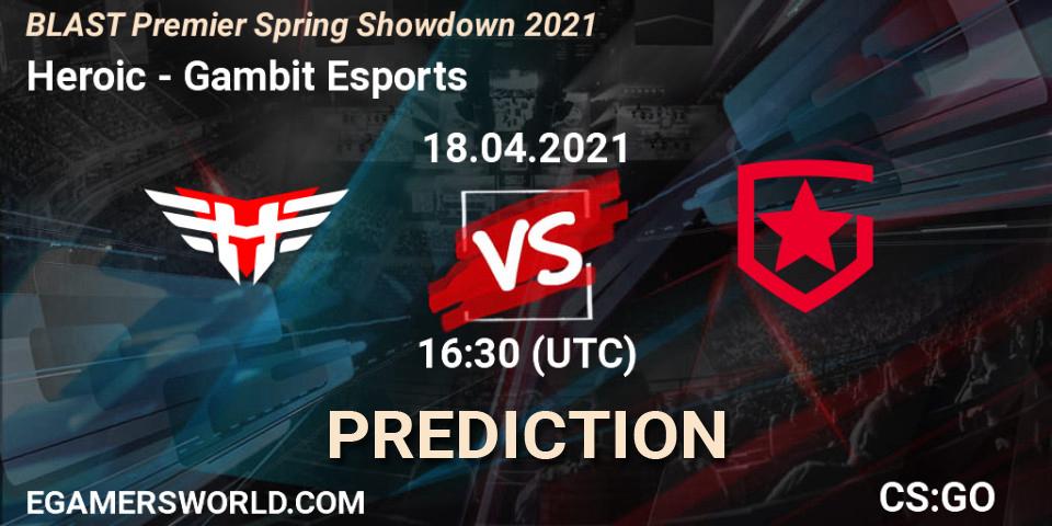Heroic проти Gambit Esports: Поради щодо ставок, прогнози на матчі. 18.04.2021 at 17:55. Counter-Strike (CS2), BLAST Premier Spring Showdown 2021