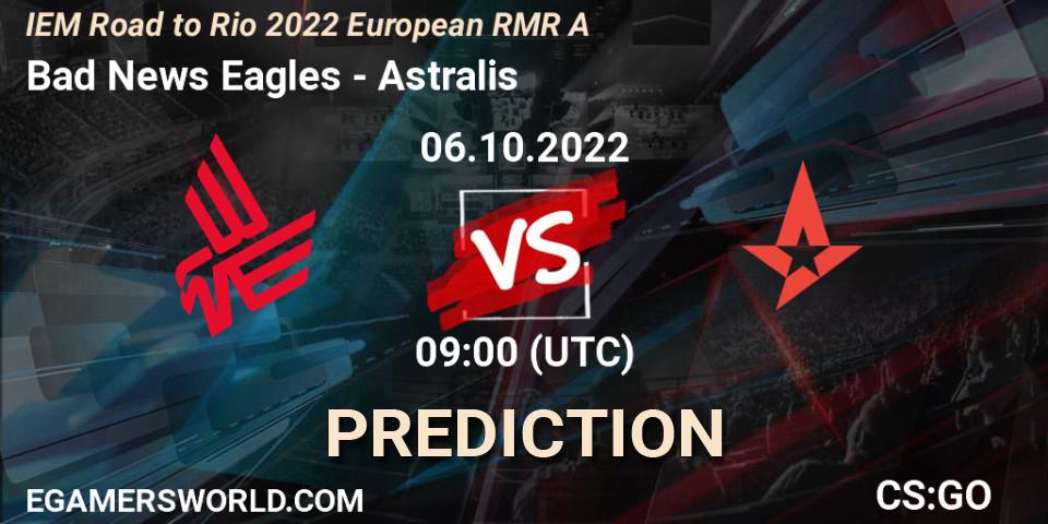 Bad News Eagles проти Astralis: Поради щодо ставок, прогнози на матчі. 06.10.2022 at 09:00. Counter-Strike (CS2), IEM Road to Rio 2022 European RMR A
