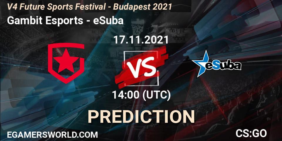 Gambit Esports проти eSuba: Поради щодо ставок, прогнози на матчі. 17.11.2021 at 14:50. Counter-Strike (CS2), V4 Future Sports Festival - Budapest 2021
